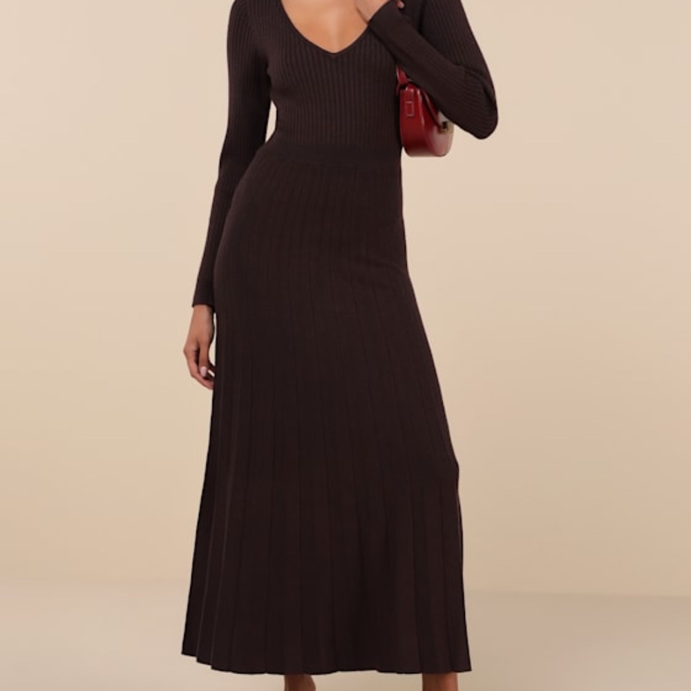 Lulus Snuggly Precision Brown Pleated Sweater Midi Dress - Size L